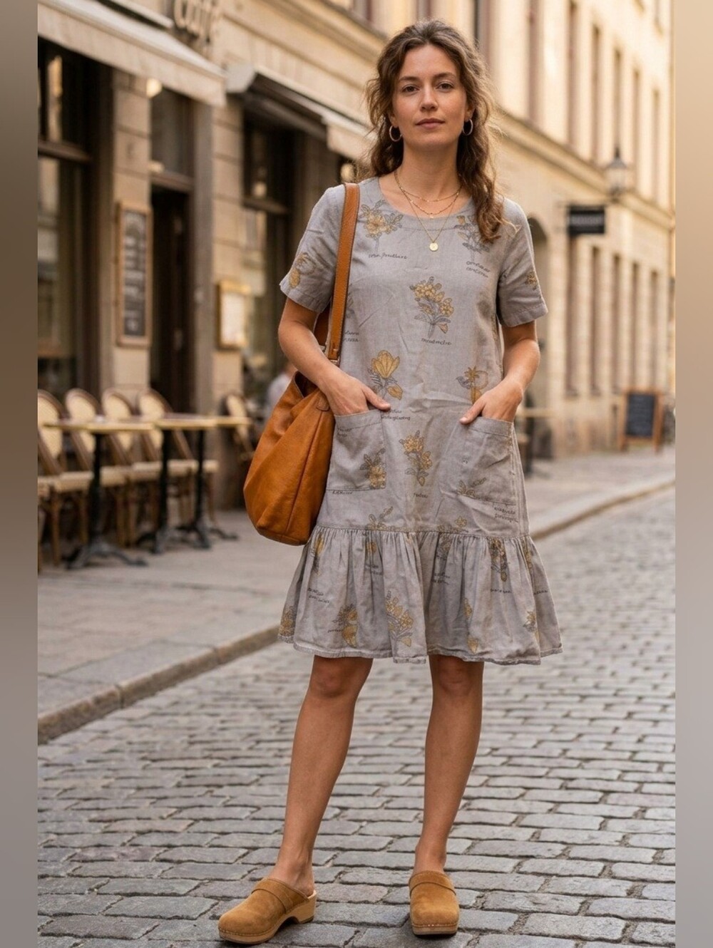 Floral Pocket Midi Dress in Gray with Mustard Accents